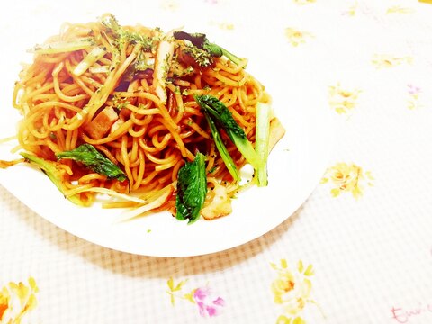 小松菜と高野豆腐の焼き蕎麦